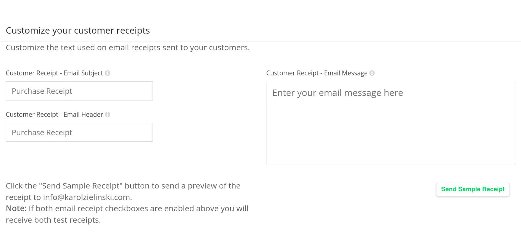 &ldquo;Customize your customer receipts&rdquo; section
