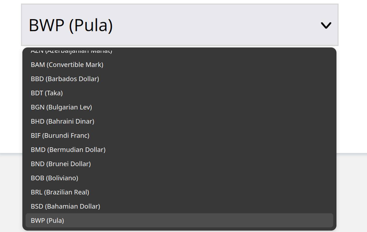 Available options for dropdown list in the &ldquo;Sandbox currency&rdquo; subsection