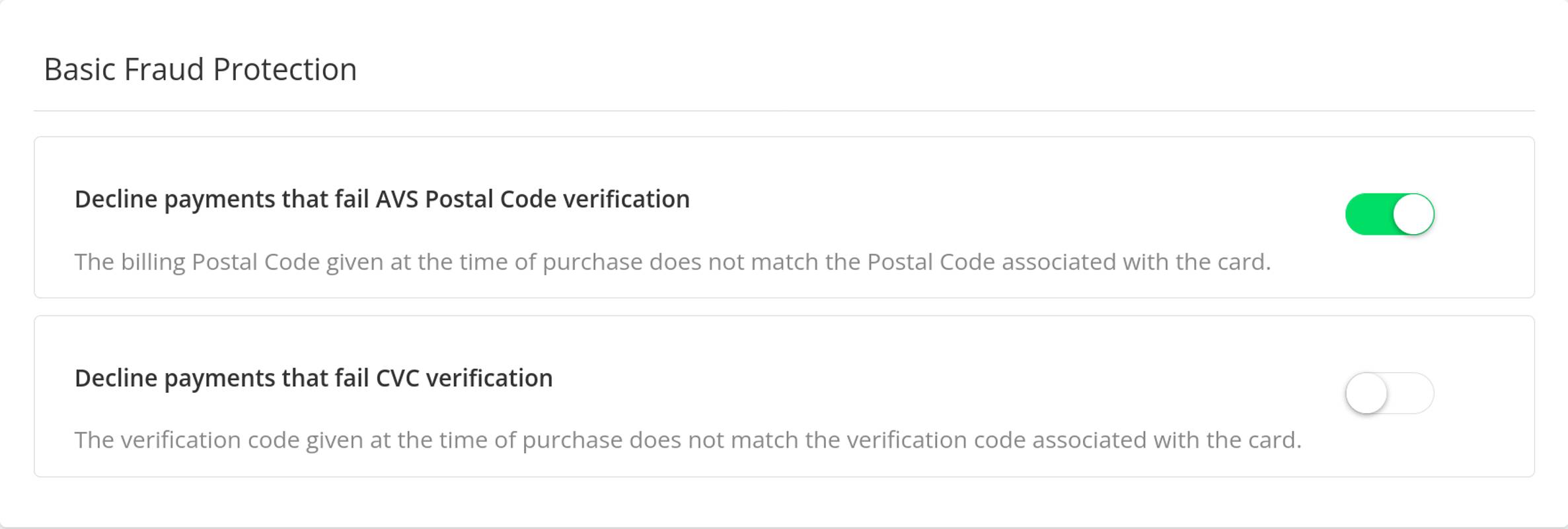 The &ldquo;Basic Fraud Protection&rdquo; section in the &ldquo;Fraud Settings&rdquo; page