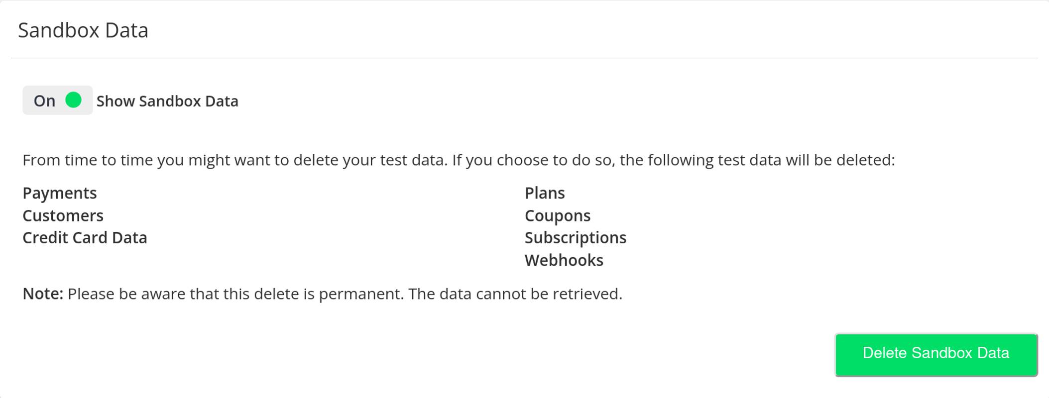 The &ldquo;Sandbox Data&rdquo; section with switch toggled on