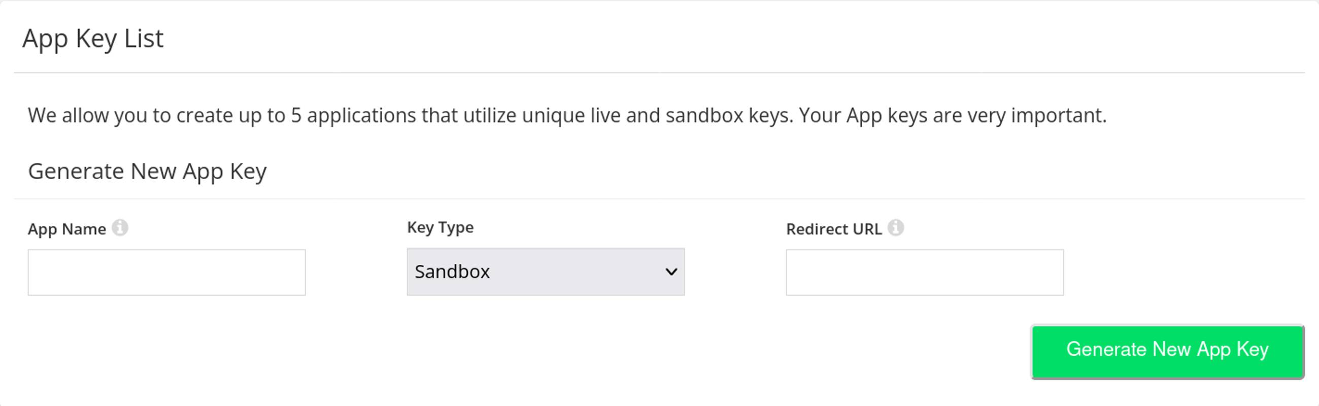 The &ldquo;App Key List&rdquo; section